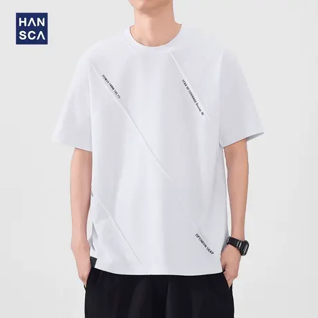 hansca 210g重磅白色短袖t恤男2025夏季几何压褶简约字母印花上衣商品大图