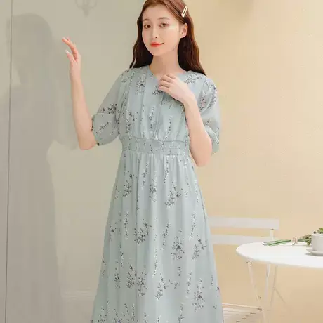桔熊夏季韩版飘逸V领碎花泡泡袖收腰长款连衣裙子女神大码DA8502图片