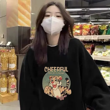 超火cec大码美式卡通卫衣薄款慵懒风黑色外套ins潮秋季欧美上衣女商品大图