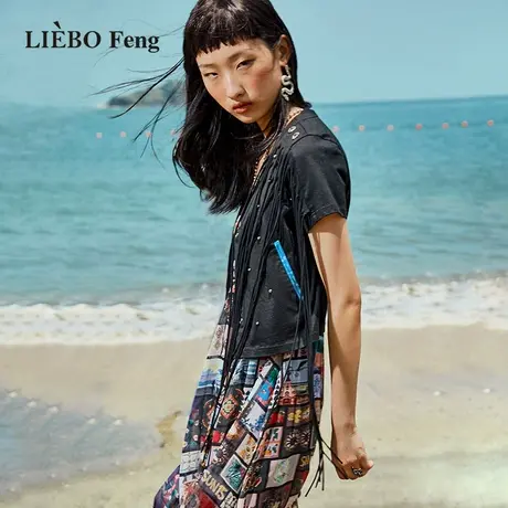 裂帛LIEBOFeng原创设计时髦小众嘻哈流苏V领短袖上衣针织开衫女商品大图