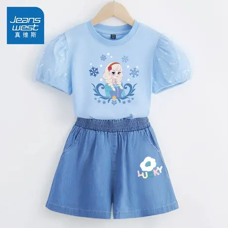 真维斯女童夏季套装女孩短袖短裤洋气泡泡袖t恤儿童夏装2024新款图片