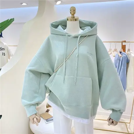 卫衣女加绒加厚2022秋冬新款拼接假两件韩版简约刺绣宽松连帽外套商品大图