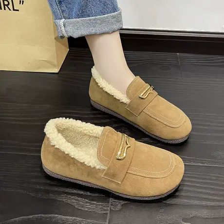 豆豆鞋女冬季加绒棉鞋2023年秋冬新款平底一脚蹬毛毛鞋外穿乐福鞋商品大图