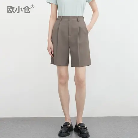 欧小仓奶茶裤 打褶西装短裤女夏 高腰阔腿中裤 显瘦咖色五分裤商品大图