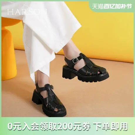 哈森2025新款夏季真皮女鞋厚底包头凉鞋女鞋休闲运动鞋HWM250119图片