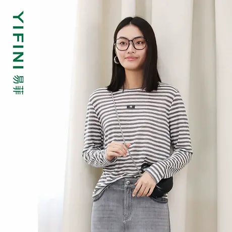 [专柜同款]Yifini/易菲天丝仿麻时尚条纹长袖T恤女圆领打底上衣新商品大图