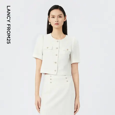 LANCY/朗姿2023夏季新款短袖小香风短外套女圆领宽松通勤上衣图片