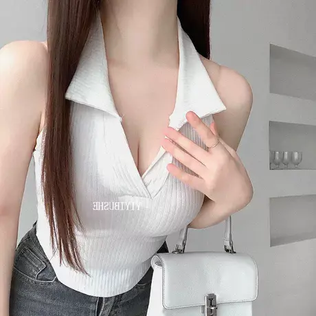 当天发 Onoev GY269气质小翻领 性感显胸露背无袖背心t恤图片