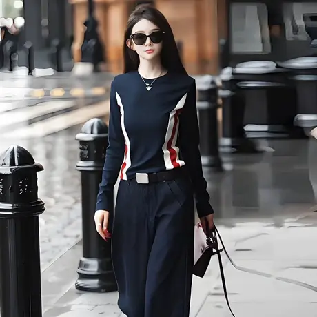 拉夏贝尔时尚撞色长袖T恤女士早秋2025新款洋气修身百搭圆领上衣商品大图