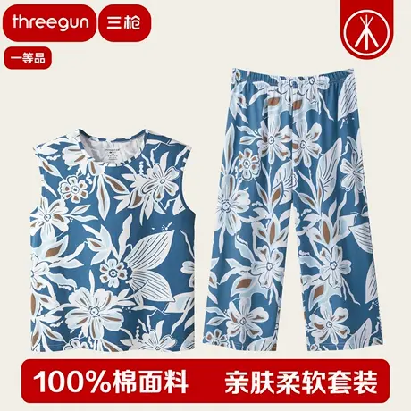 三枪女100%纯棉夏季宽松薄款中老年人宽肩无袖7分睡裤家居套装商品大图