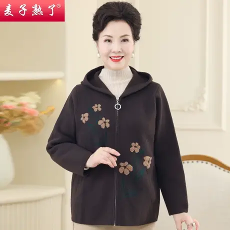 妈妈外套加厚2023秋冬新款针织连帽大衣洋气质奶奶中老年人女装春商品大图
