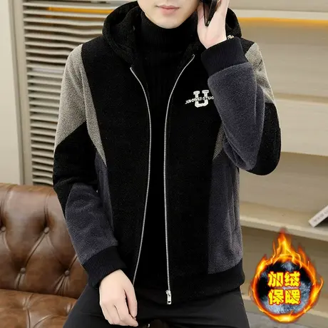 冬季男士休闲连帽外套加绒毛呢大衣金貂绒上衣帅气加厚撞色夹克潮商品大图