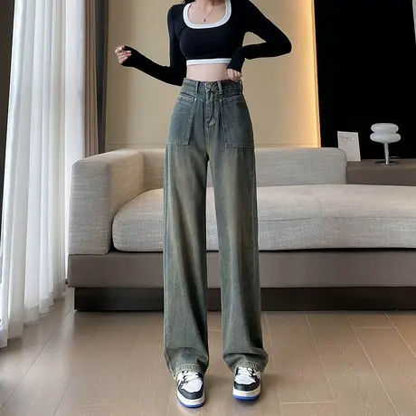 水泥色直筒牛仔裤女2023年新款高腰显瘦宽松小个子垂感春秋阔腿裤商品大图