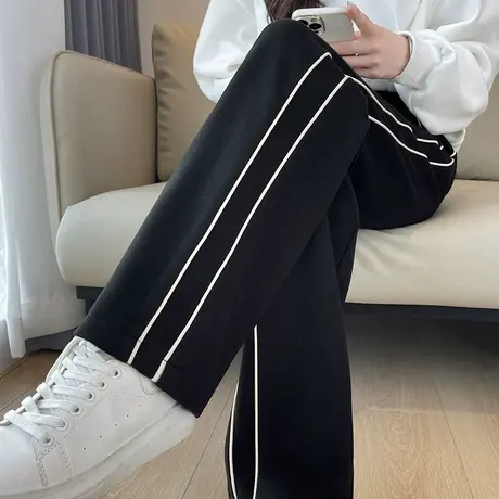 黑色直筒阔腿运动裤女冬季2023年新款宽松显瘦休闲加厚抽绳拖地裤图片