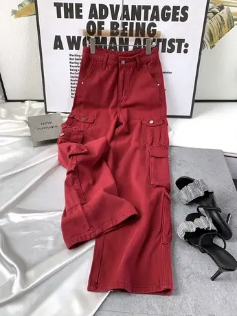 韩版多口袋红色休闲工装裤女2023秋冬新款显瘦高腰宽松阔腿牛仔裤图片