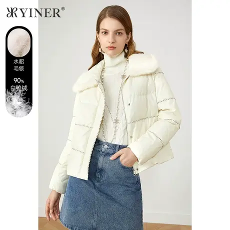 YINER音儿商场同款女装2021冬季新款短款水貂毛翻领羽绒服商品大图