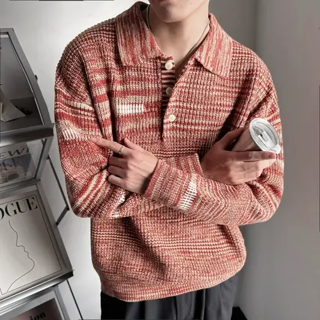 高级感POLO领针织衫外套男秋冬新款宽松简约休闲潮牌个性翻领毛衣商品大图