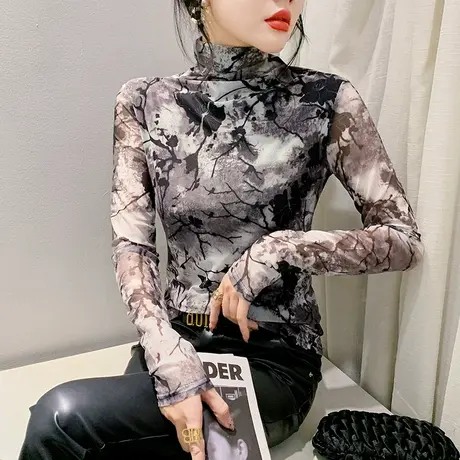 性感半高领T恤女长袖时尚扎染印花网纱上衣ins洋气修身个性打底衫商品大图