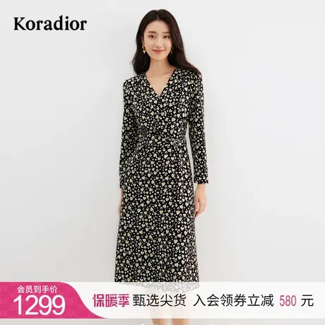 珂莱蒂尔女装冬季新款长袖连衣裙印花设计中长款连衣裙优雅裙子女图片