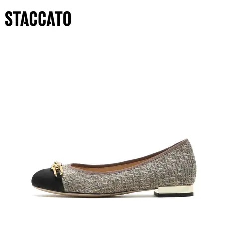 思加图新款小香风拼接圆头低跟单鞋平底鞋女鞋子EE210CQ2商品大图