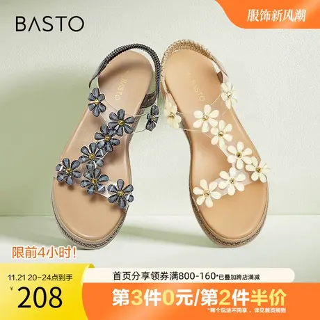 百思图奥莱2023夏季新款仙女风坡跟罗马女凉鞋A6108BL3图片
