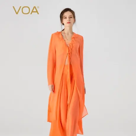 VOA桑蚕丝乔其纱粉橙色V领波浪边长袖系带中长款宽松真丝风衣图片