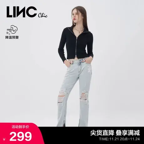 LINCCHIC金羽杰裤子女酷感个性印花开叉直筒牛仔裤女S223JE819商品大图