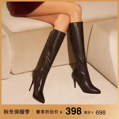 熙漫2023秋冬新款尖头不过膝黑色长靴细跟简约防水台显瘦高筒靴女图片