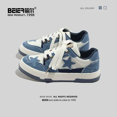 蓓尔牛仔原创鞋子女春秋小众超火设计星星拼色板鞋百搭学生小白鞋商品大图