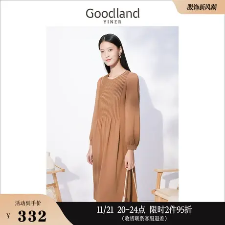 Goodland美地女装冬收褶设计圆领长袖法式连衣裙高级感图片