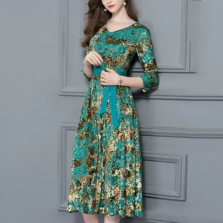 水墨青华春装新品V领系带显瘦大摆七分袖时尚修身丝绒连衣裙商品大图