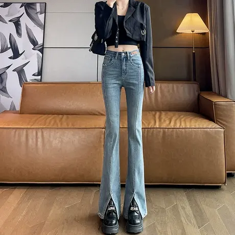 复古开叉微喇牛仔裤女秋冬新款高腰做旧辣妹小个子直筒拖地喇叭裤商品大图