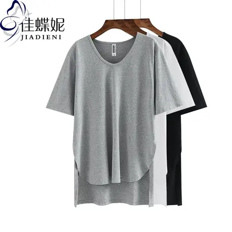 夏季新款韩版纯白宽松休闲中长款不规则开叉圆领短袖体恤上衣女装商品大图