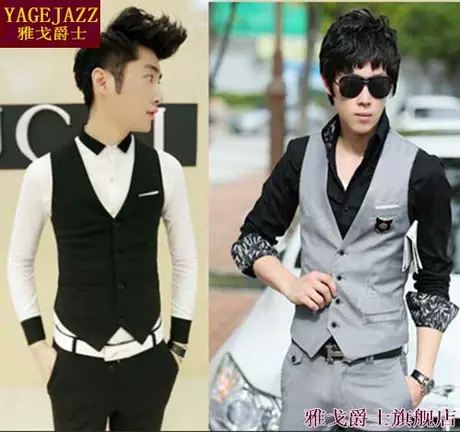 秋季韩版潮男士修身西装马甲英伦 商务休闲西服背心 马夹黑色灰色图片