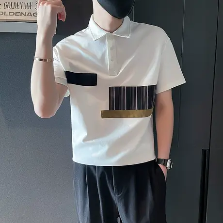 撞色短袖夏季潮牌痞帅翻领半袖T恤男2023新款薄款休闲夏装POLO衫商品大图