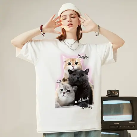 国潮夏季情侣中性可爱猫咪t恤短袖男大码ins潮牌胖子oversize半袖商品大图
