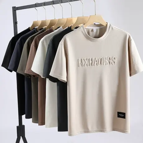 纯棉圆领短袖男T恤夏季青年纯色百搭压花半袖打底衫休闲上衣男装商品大图