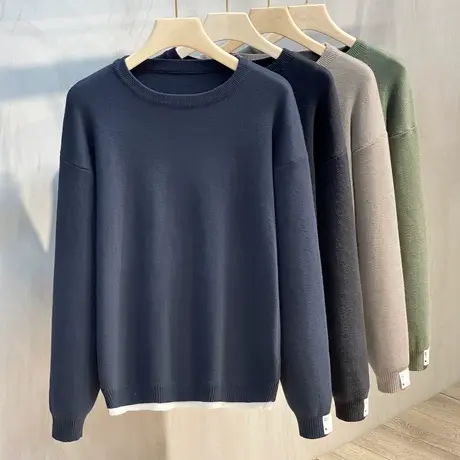 重磅秋冬季加厚男士圆领毛衣时尚假两件日系百搭建两件宽松针织衫商品大图