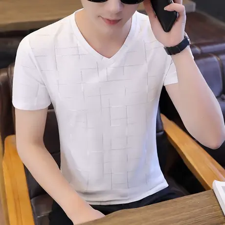 男士冰丝短袖t恤夏季2023新款修身速干潮流格子圆领青年冰感体桖图片