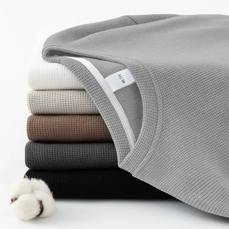 2024秋季新款华夫格卫衣男加绒加厚圆领纯色长袖t恤无帽套头上衣商品大图