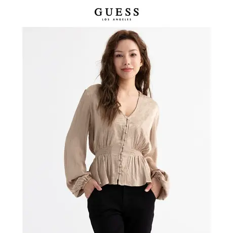 【38上新季】GUESS 法式小V立领刺绣衬衫设计感上衣美拉德穿搭商品大图