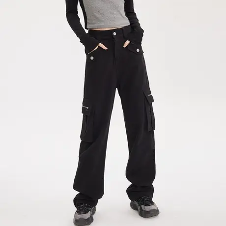 尔给高腰美式黑色直筒工装裤女2023新款小个子宽松休闲裤子春秋商品大图