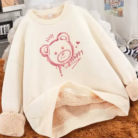 米色圆领羊羔绒卫衣女秋冬2023新款冬季加绒加厚爆款外套超厚女款商品大图