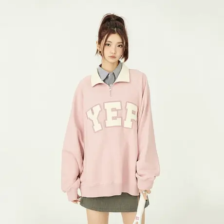 polo领脏粉色美式复古卫衣女春秋2024新款减龄慵懒风上衣国潮女款图片