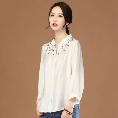 韩潮袭人立领刺绣长袖衬衫女2024春新款宽松休闲设计感衬衣薄商品大图