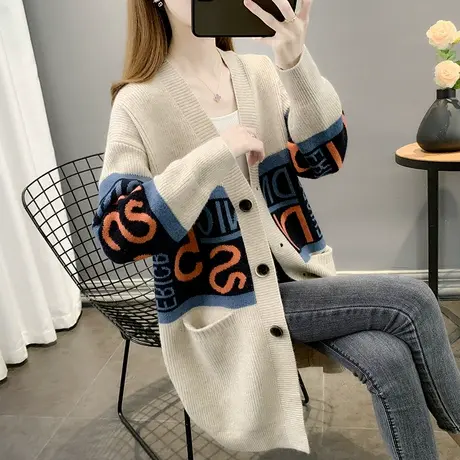 女装外套V领中长款提花慵懒风针织衫毛衣女宽松外穿图片