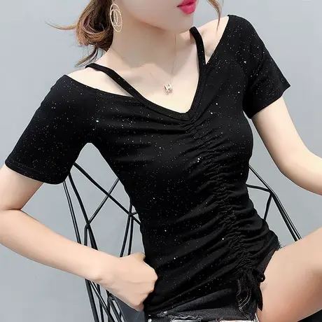 2024新款潮抽绳V领T恤女短袖夏装性感锁骨收腰上衣设计感显瘦小衫商品大图