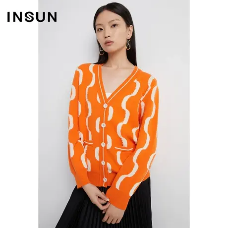 INSUN恩裳线上专选春季亮橘色针织开衫钉珠v领毛衣商品大图