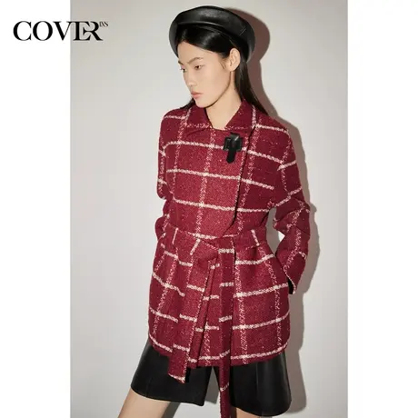 COVER冬季羊毛混纺格纹镶嵌金丝短外套商品大图