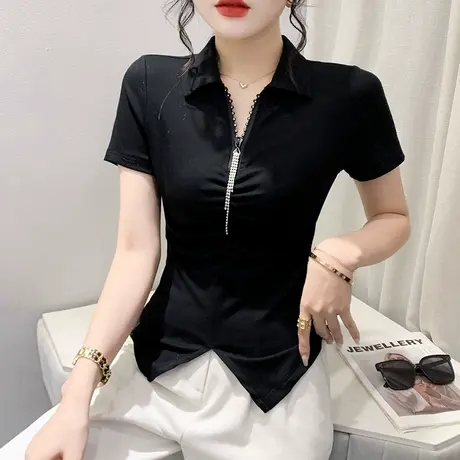 网红个性T恤女短袖时尚POLO领小衫设计钻开叉拉链上衣修身丅恤夏图片